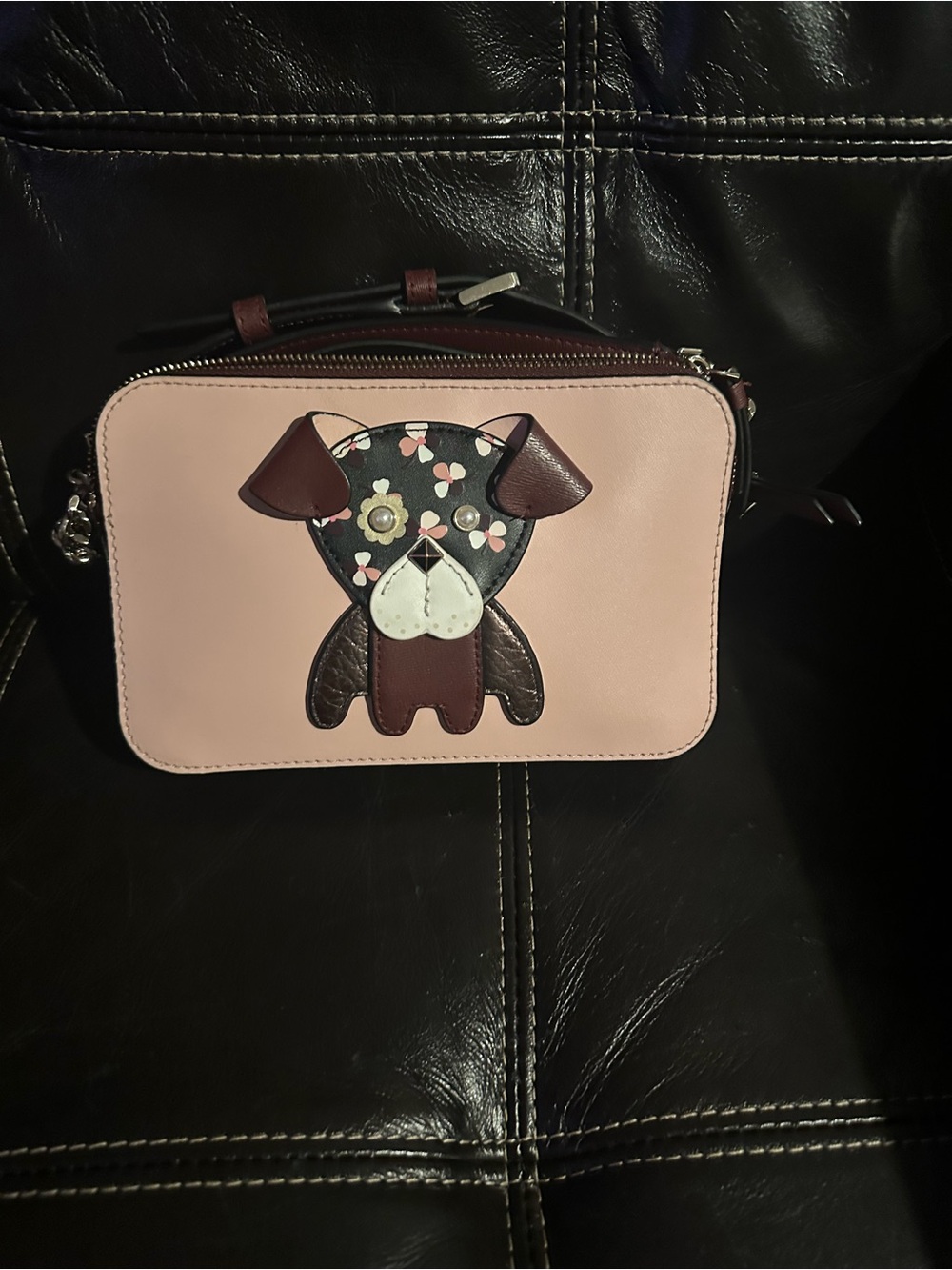 kate spade pale pink crossbody with floral puppy applique